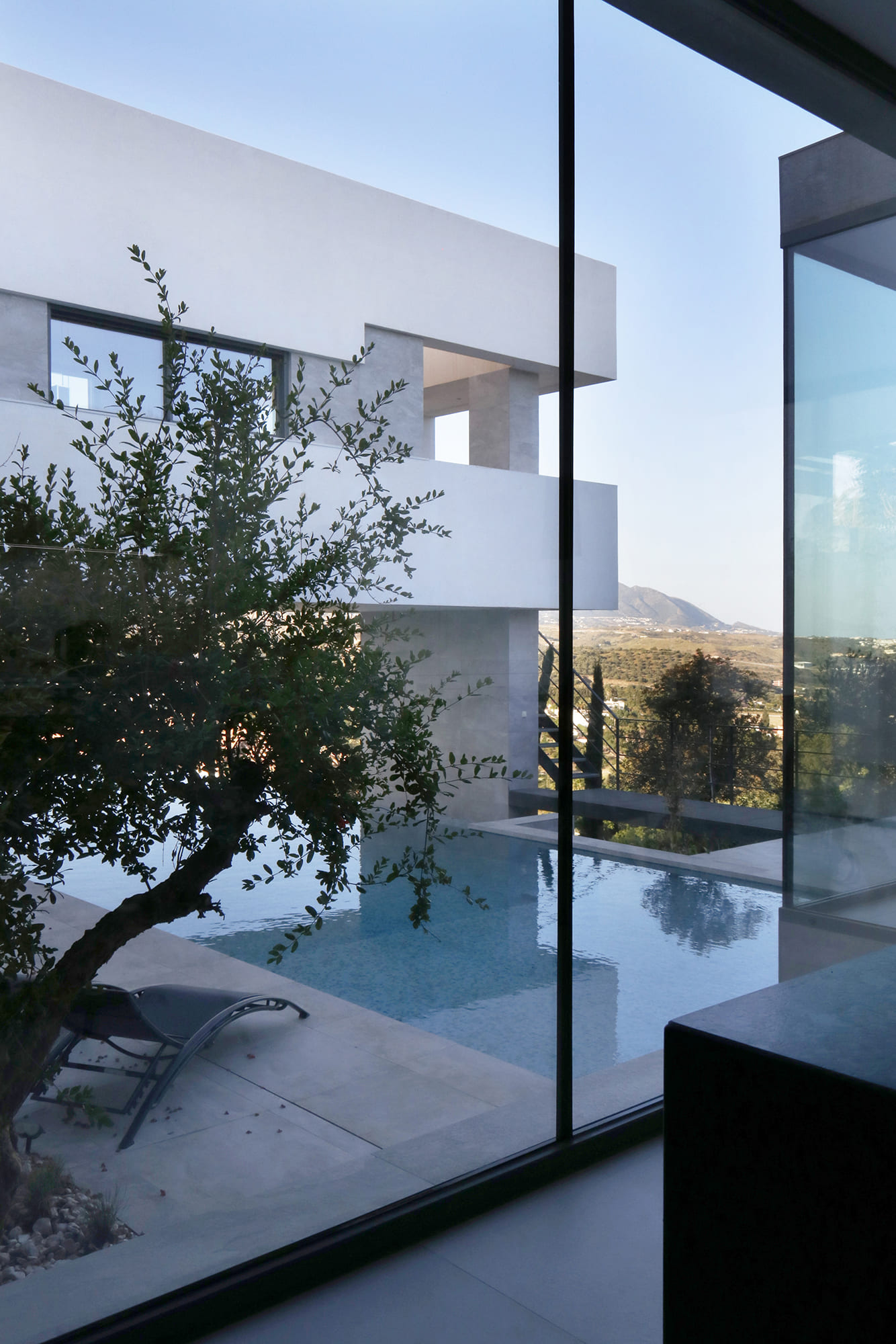 Piscina infinita con pasarela adosada y árbol de olivo en la terraza superior