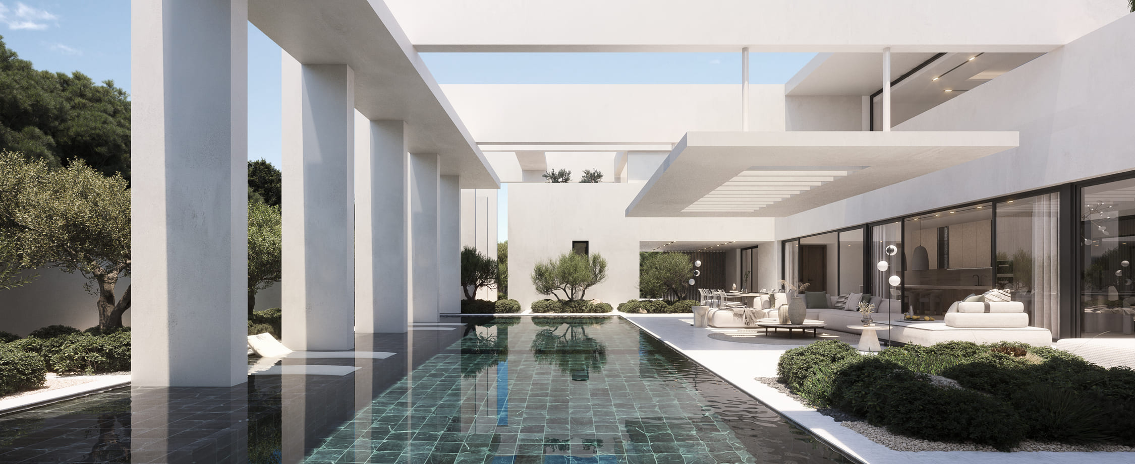 Salón abierto con sofás modernos y vistas a la piscina exterior bajo pérgolas de hormigón