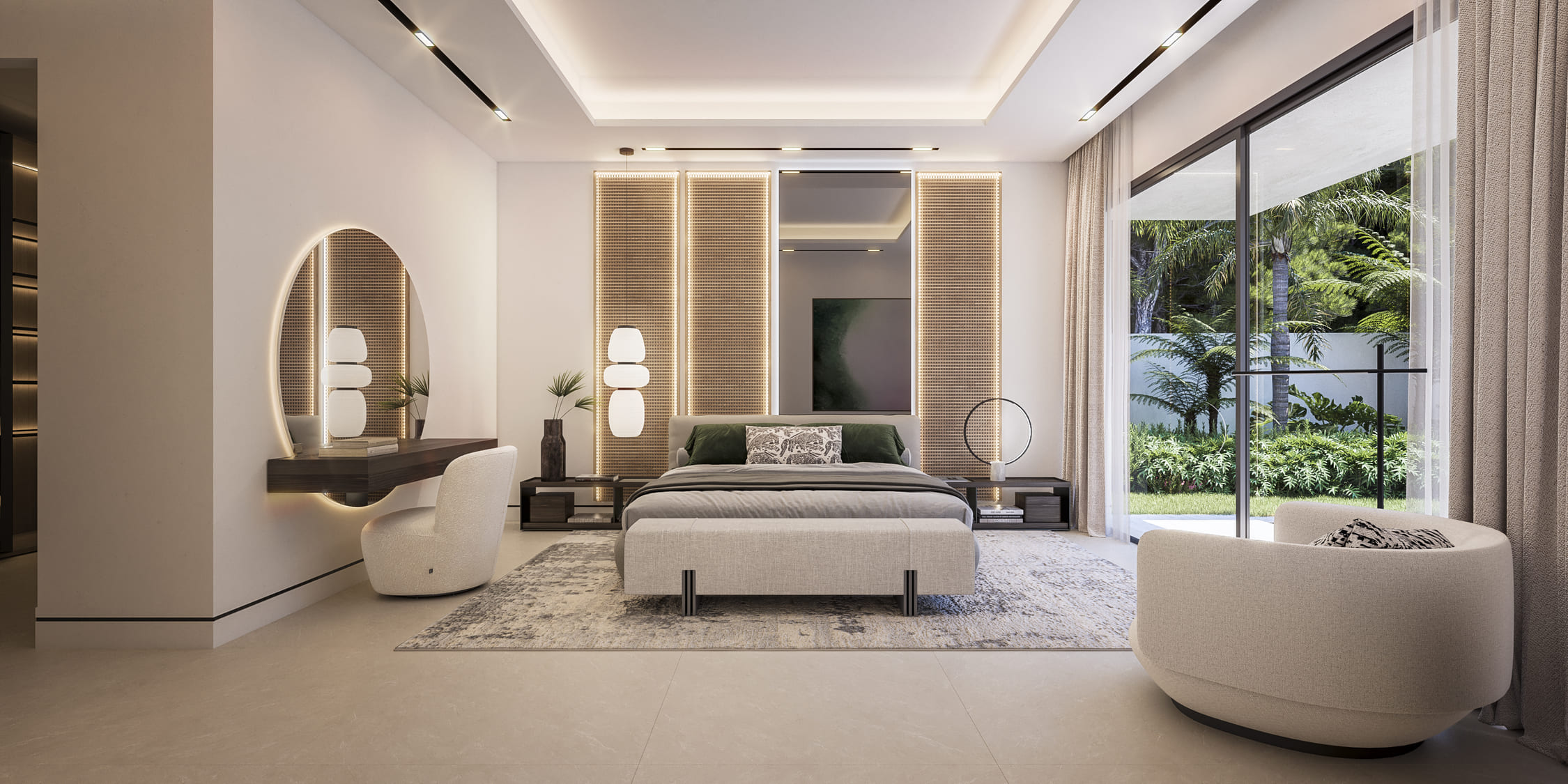 Salón principal con techo retroiluminado, alfombra y mobiliario minimalista
