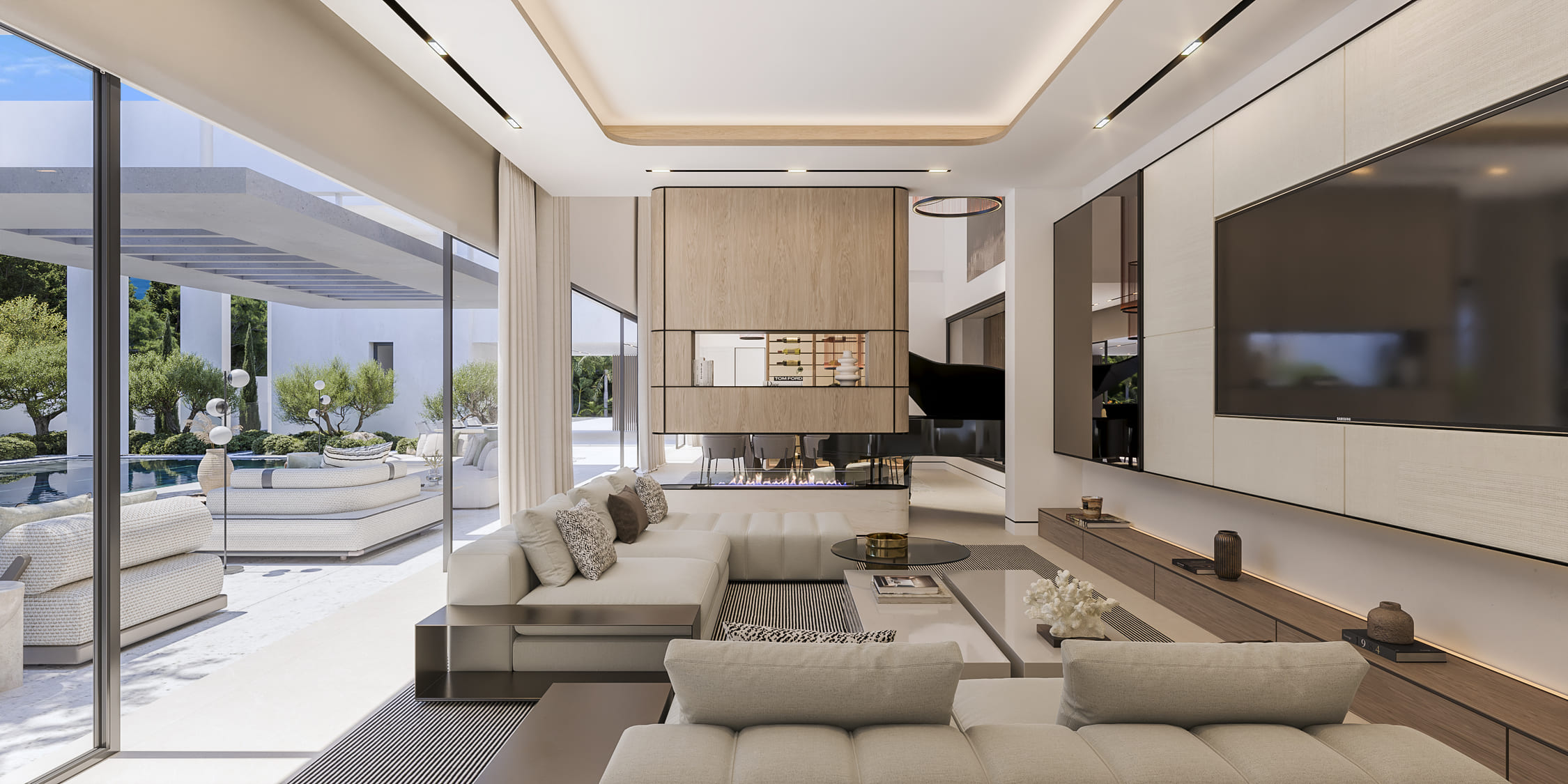 Espacio diáfano que integra salón y comedor con ventanales panorámicos al exterior