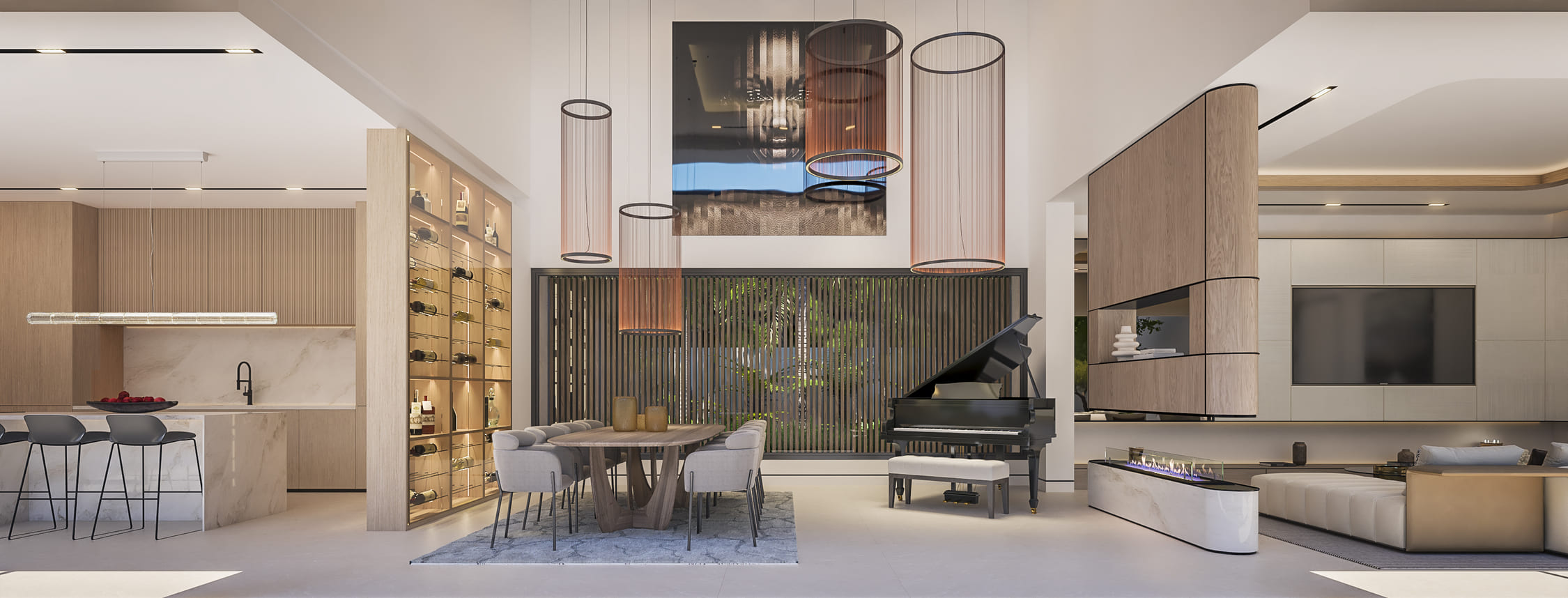 Rincón de televisión con chimenea moderna y estanterías de madera empotradas